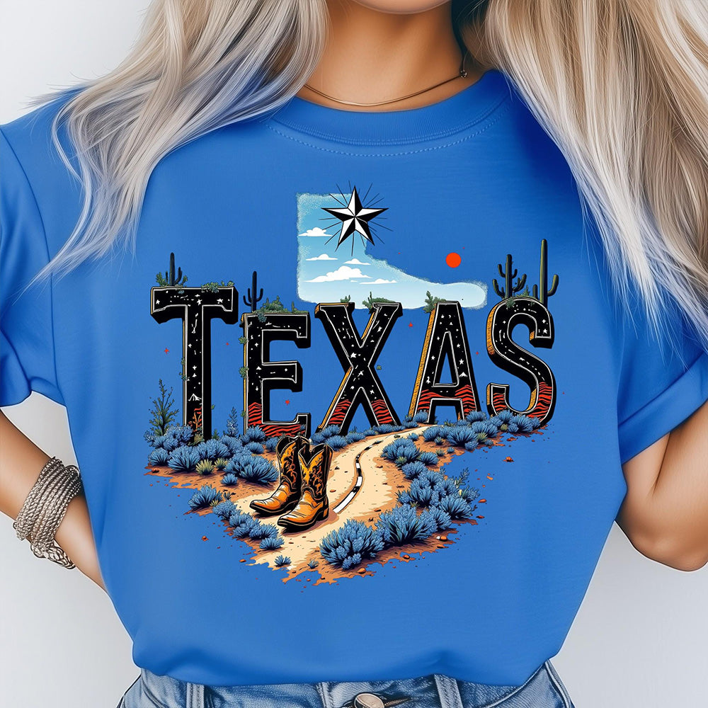 Texas Map State Wild West Cowboy Boots, Star Flag T-shirt