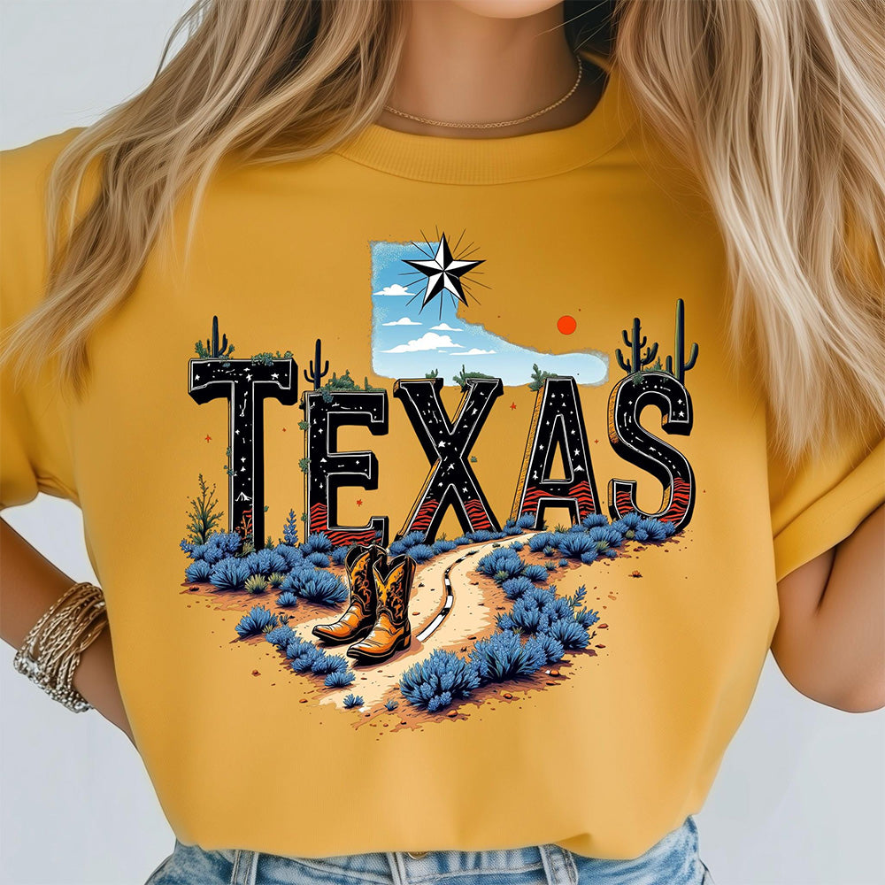 Texas Map State Wild West Cowboy Boots, Star Flag T-shirt