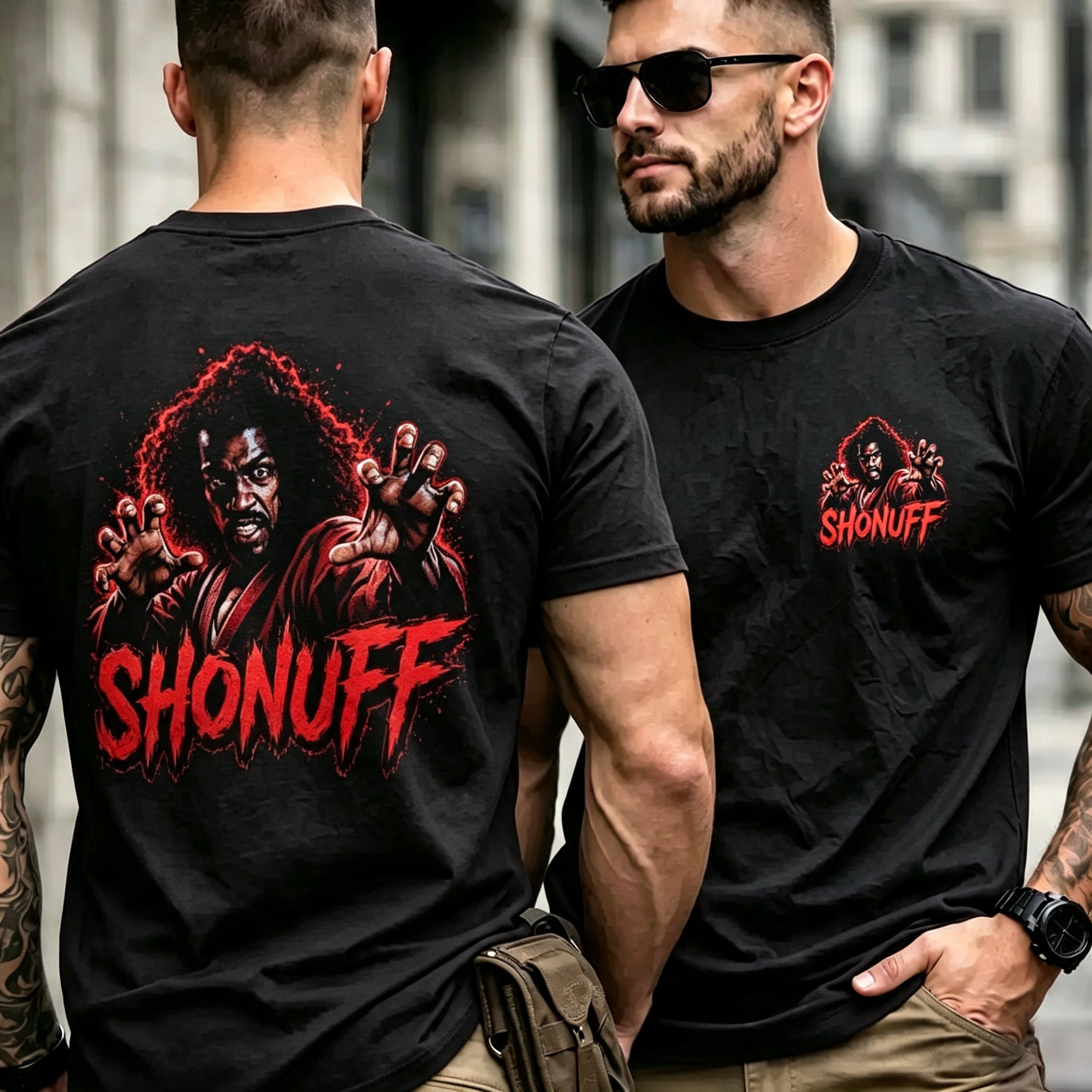 Sho'Nuff Double Sided Print Men Black T‑Shirt