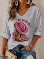Women'S Commemorative Printed Waffle V-Neck Top