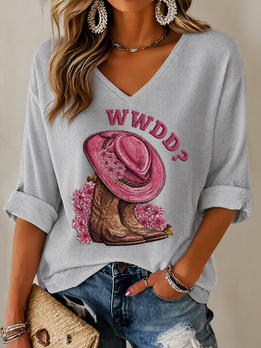 Women'S Commemorative Printed Waffle V-Neck Top