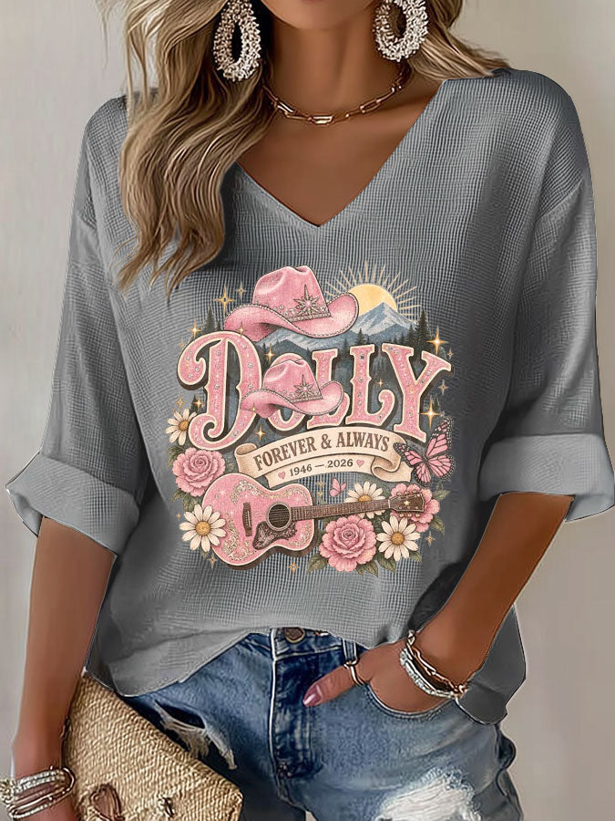 Women'S Commemorative Printed Waffle V-Neck Top