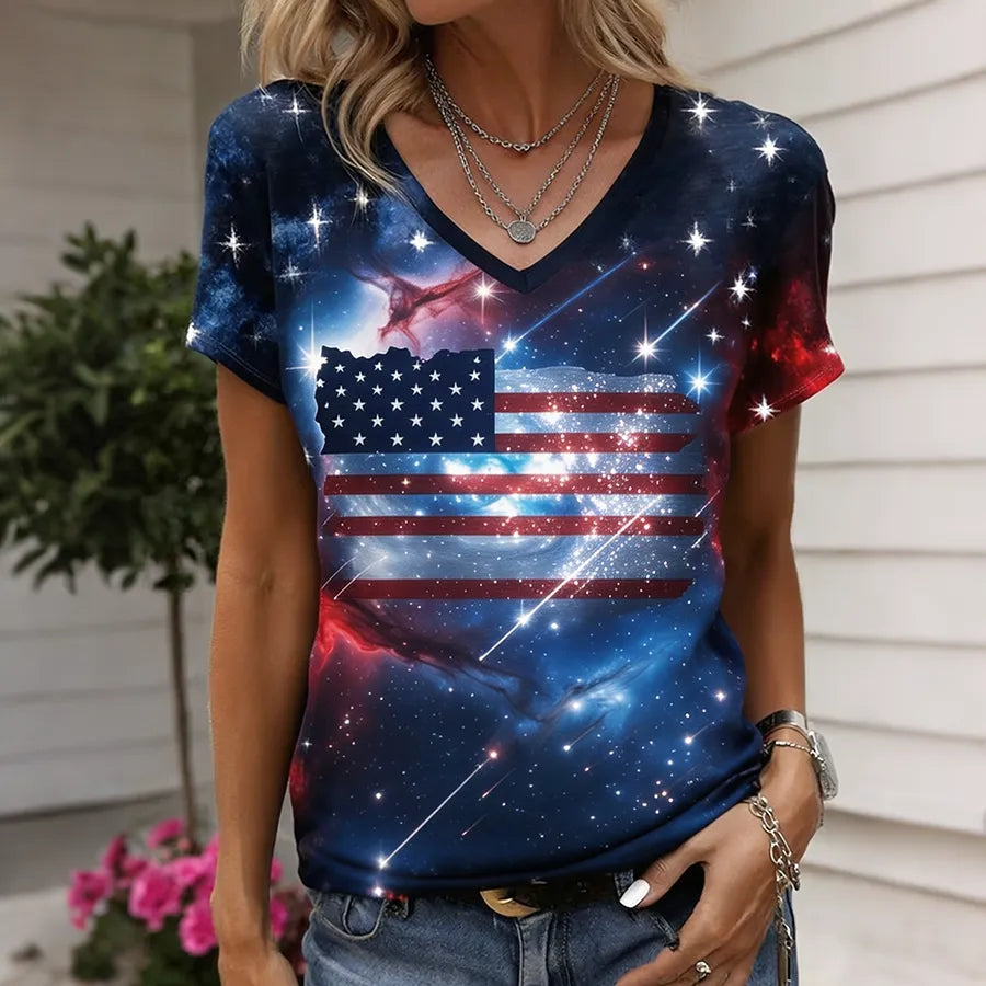 Women's Galaxy USA Flag Star Patriotic V-Neck T-Shirt