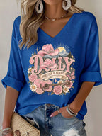 Women'S Commemorative Printed Waffle V-Neck Top