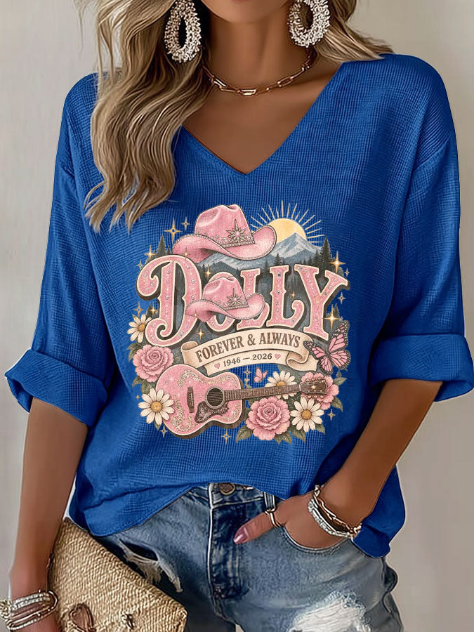 Women'S Commemorative Printed Waffle V-Neck Top