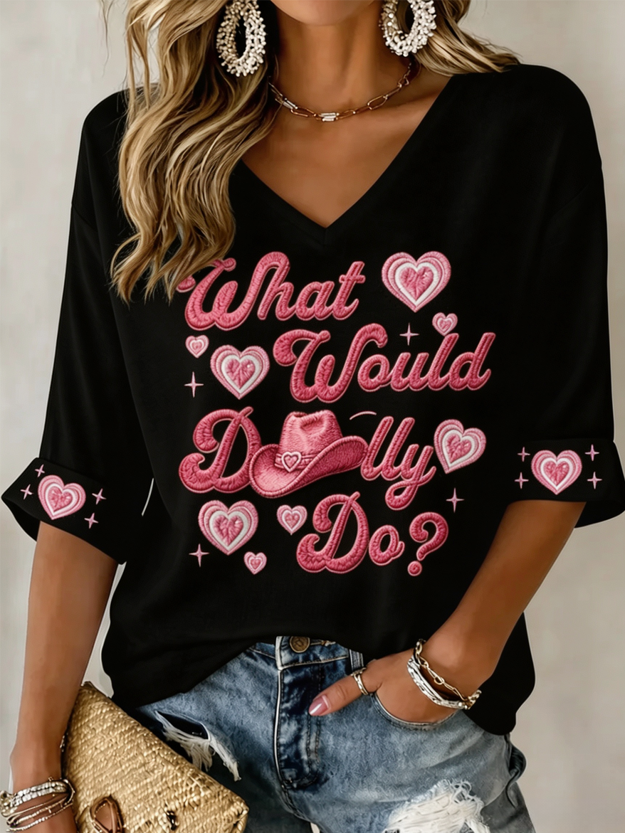 Women'S Commemorative Printed Waffle V-Neck Top