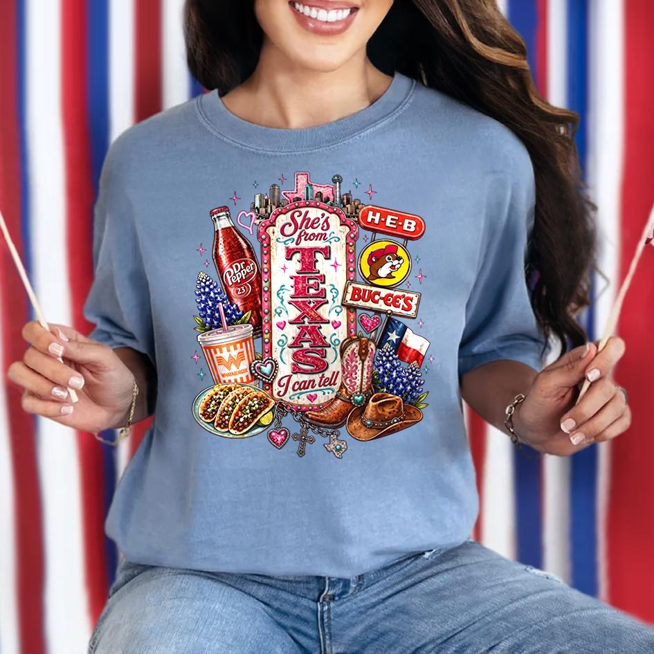 Texas Icons Tee: She's From I Can Tell Pink Glam State Pride