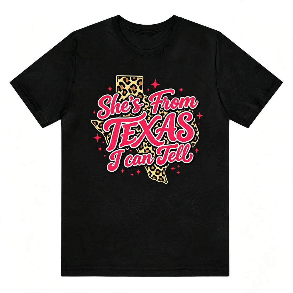She's From Texas I Can Tell Leopard Texas Map Graphic T‑Shirt