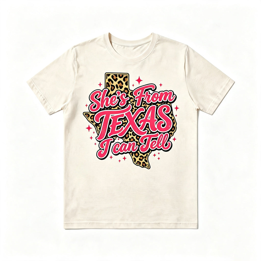 She's From Texas I Can Tell Leopard Texas Map Graphic T‑Shirt