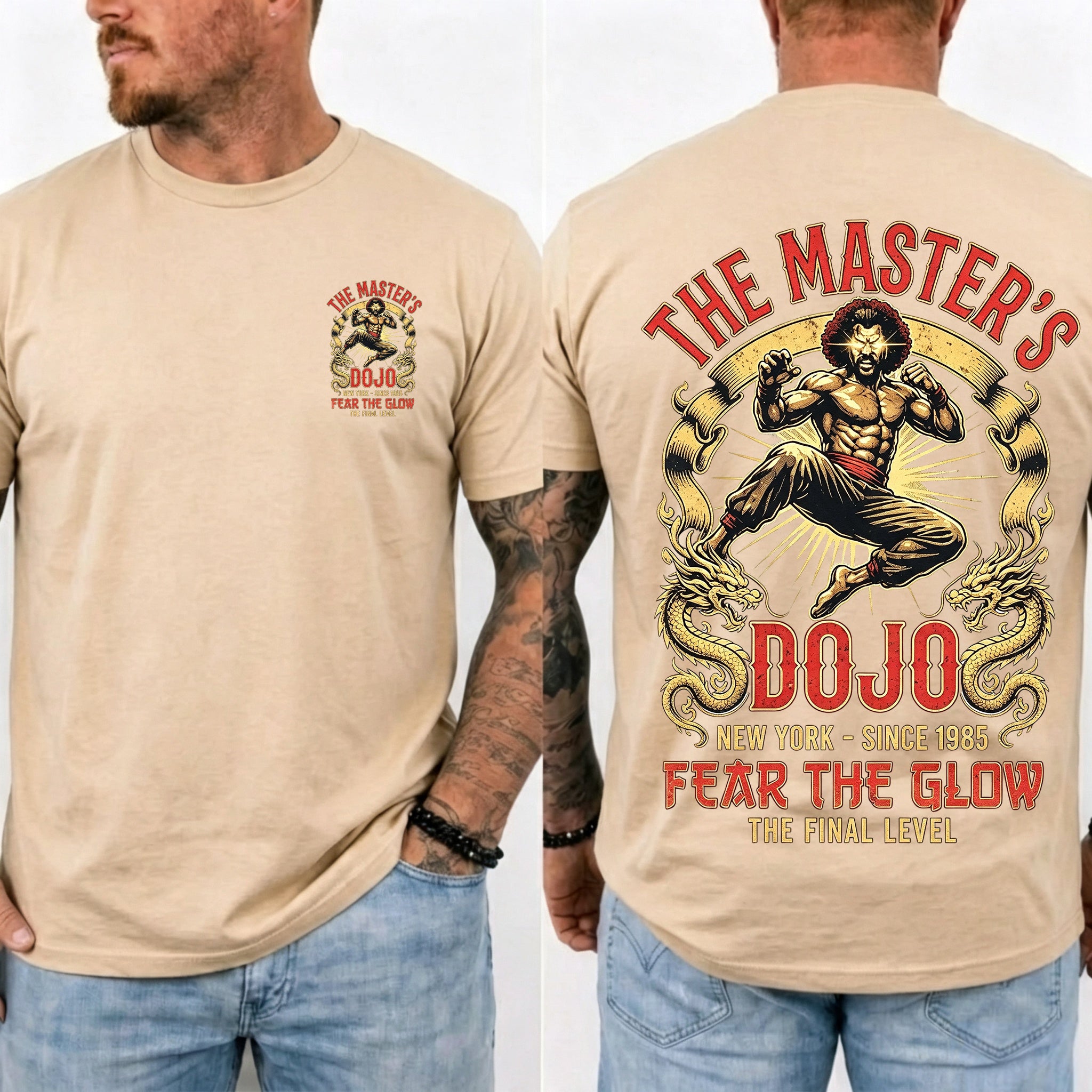 Vintage Martial Arts Dojo Graphic Double Sided Casual Short Sleeve Tee