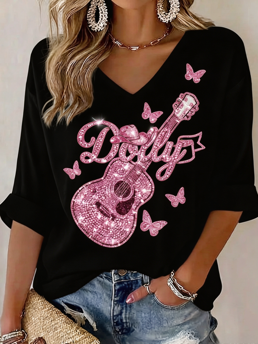 Women'S Commemorative Printed Waffle V-Neck Top