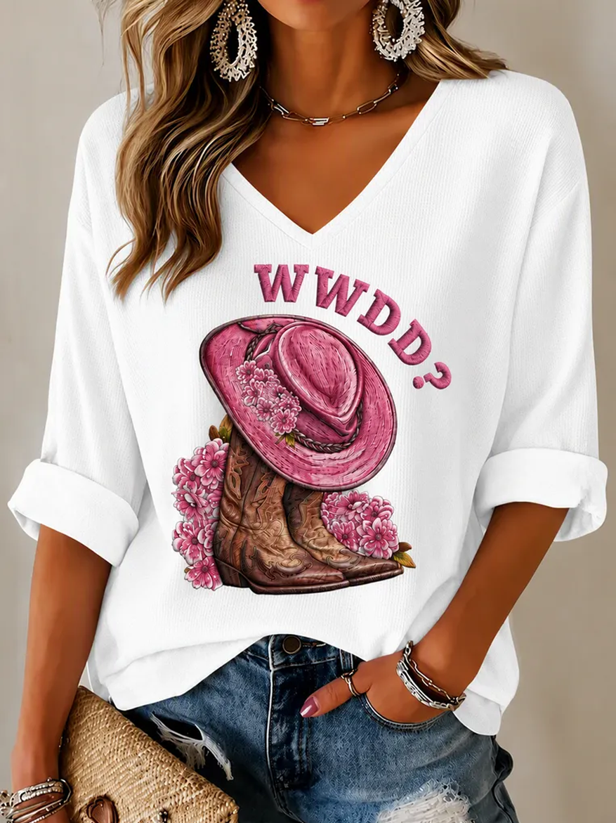 Women'S Commemorative Printed Waffle V-Neck Top