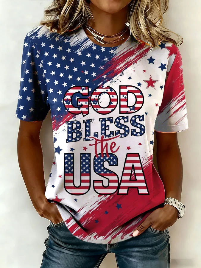 Women'S Retro American Independence Day Commemorative Printed Round Neck Short Sleeved T-Shirt