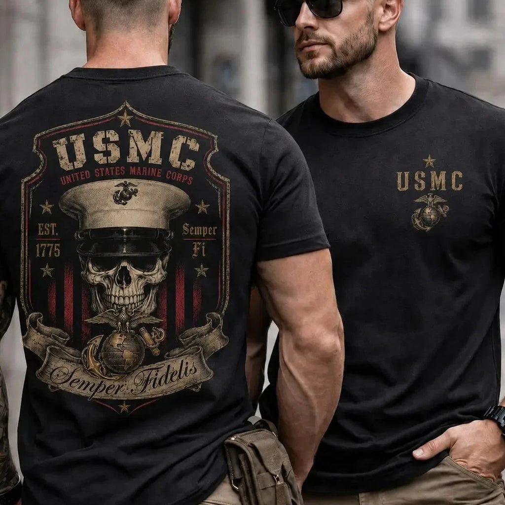USMC 1775 Skull Print Cotton T-Shirt