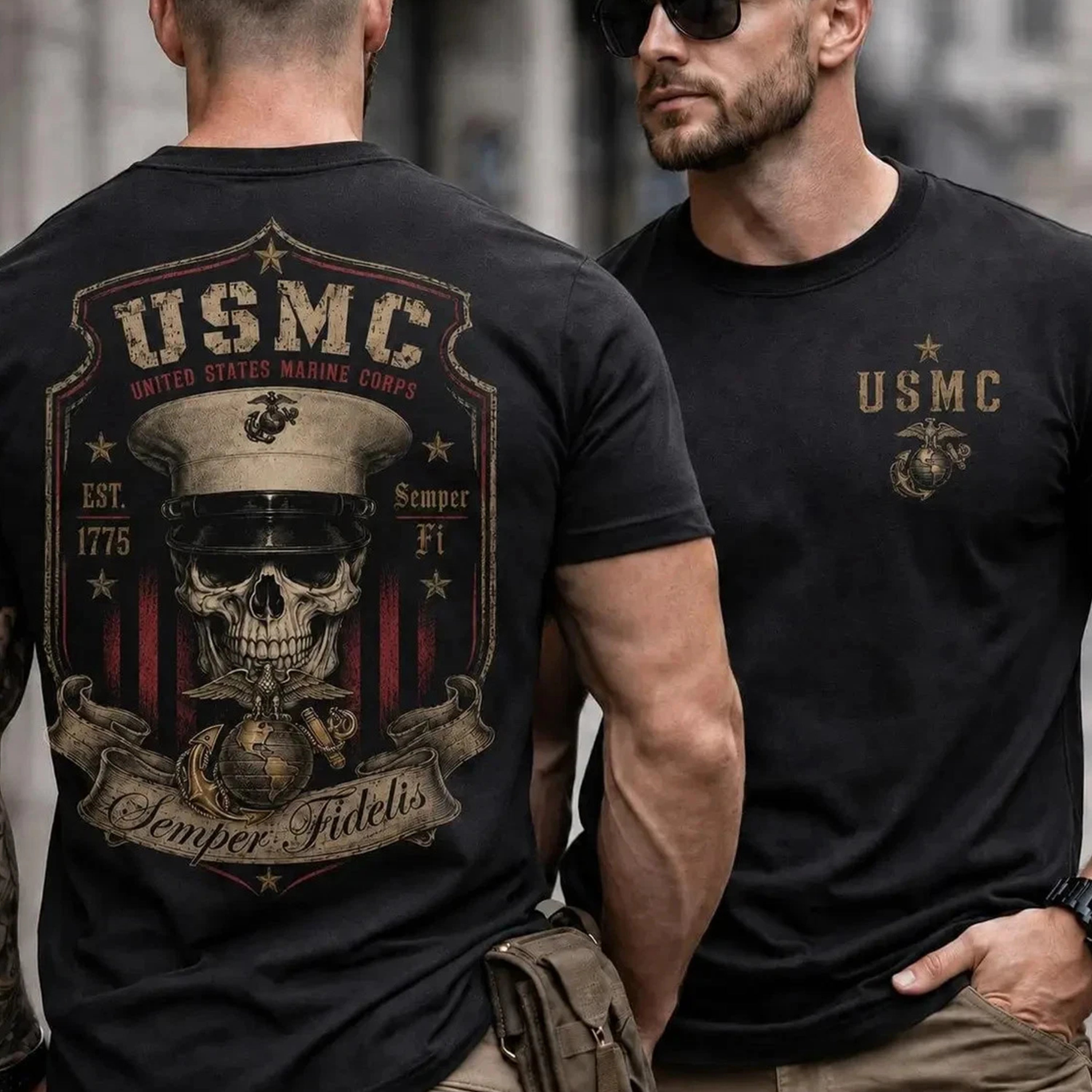 USMC 1775 Skull Print Cotton T-Shirt
