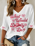 Women'S Commemorative Printed Waffle V-Neck Top