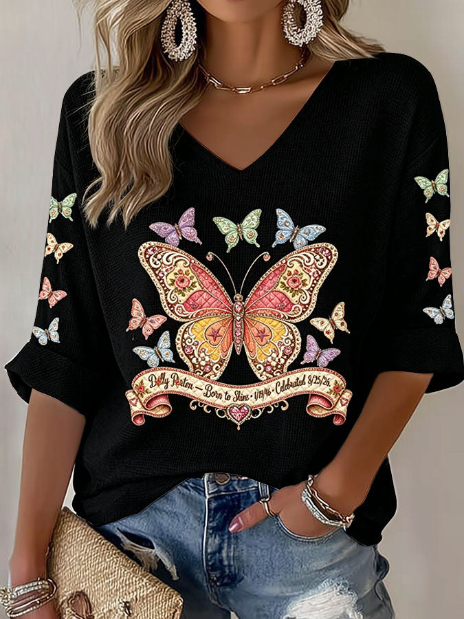 Women'S Commemorative Printed Waffle V-Neck Top