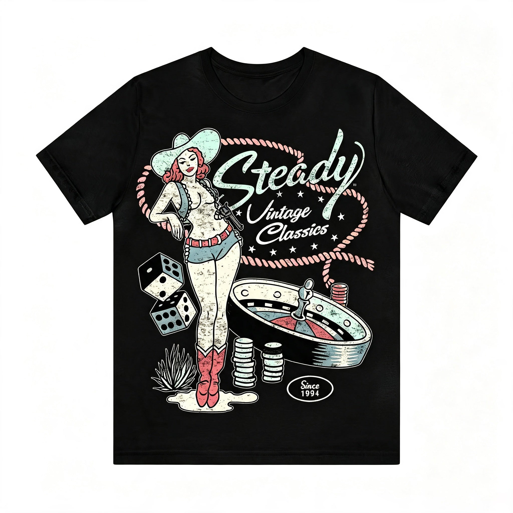 Retro Western Pin‑Up Cowgirl Gambling Dice Roulette Tee