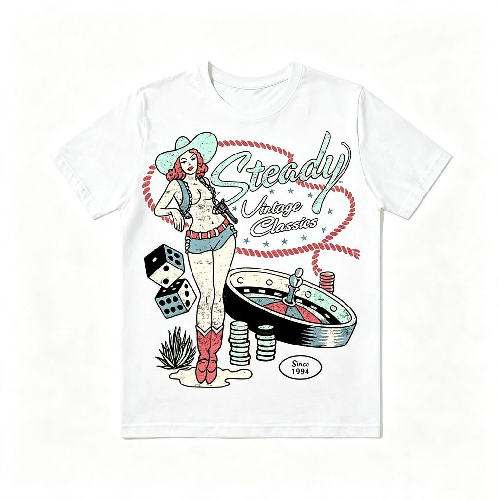 Retro Western Pin‑Up Cowgirl Gambling Dice Roulette Tee