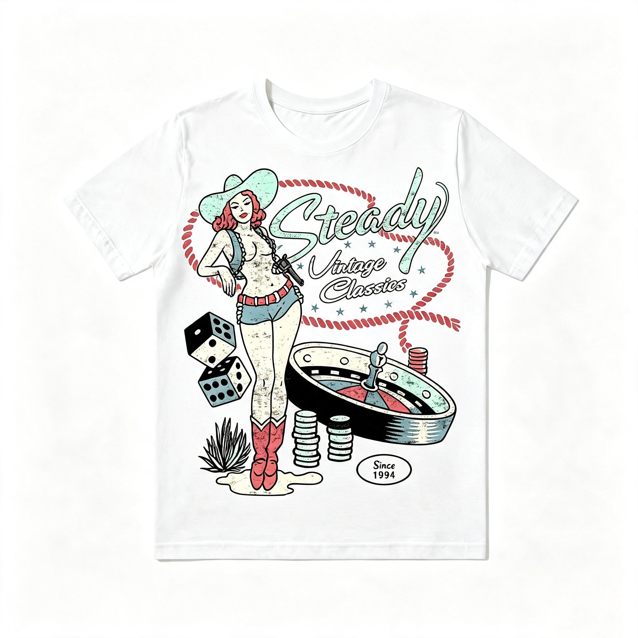 Retro Western Pin‑Up Cowgirl Gambling Dice Roulette Tee