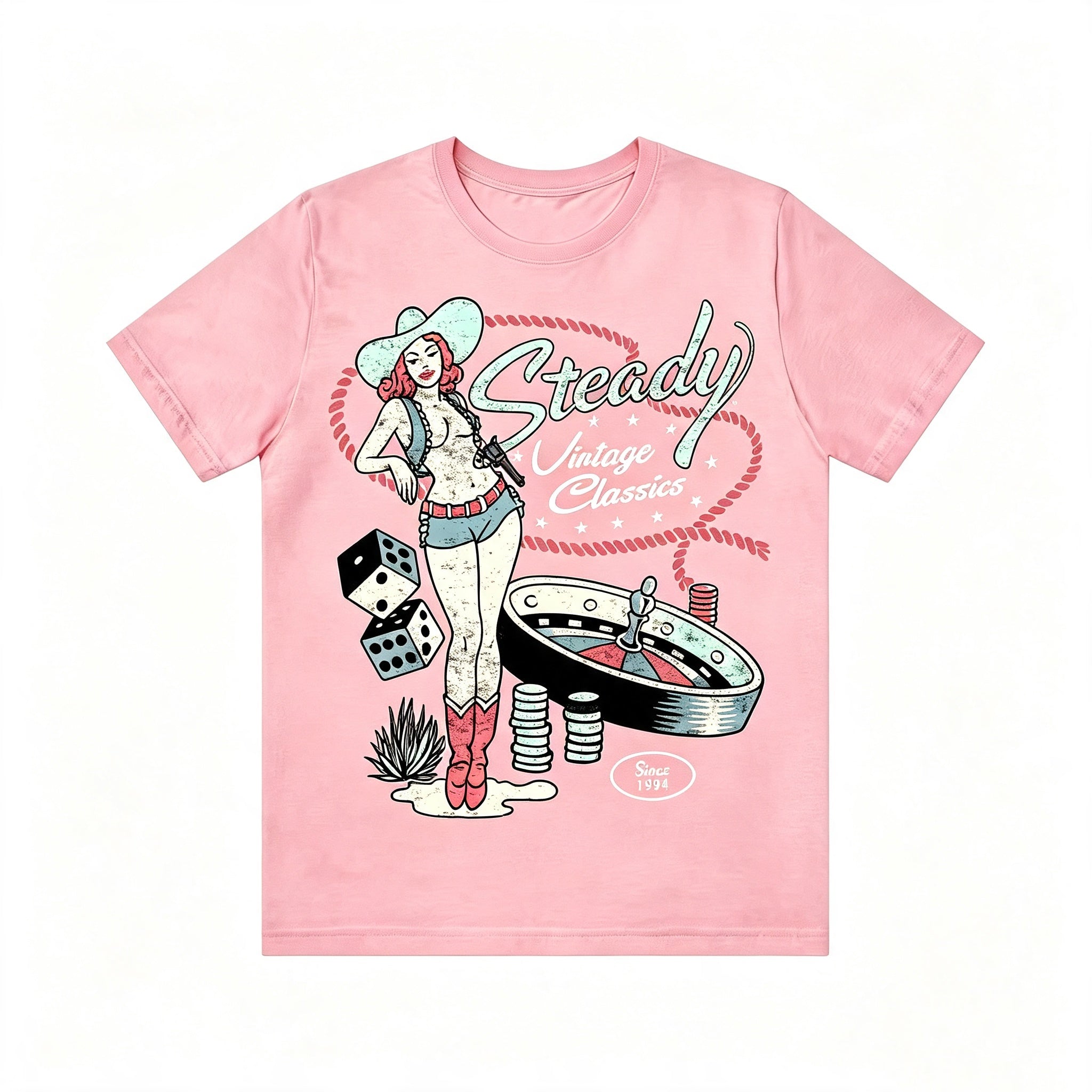 Retro Western Pin‑Up Cowgirl Gambling Dice Roulette Tee