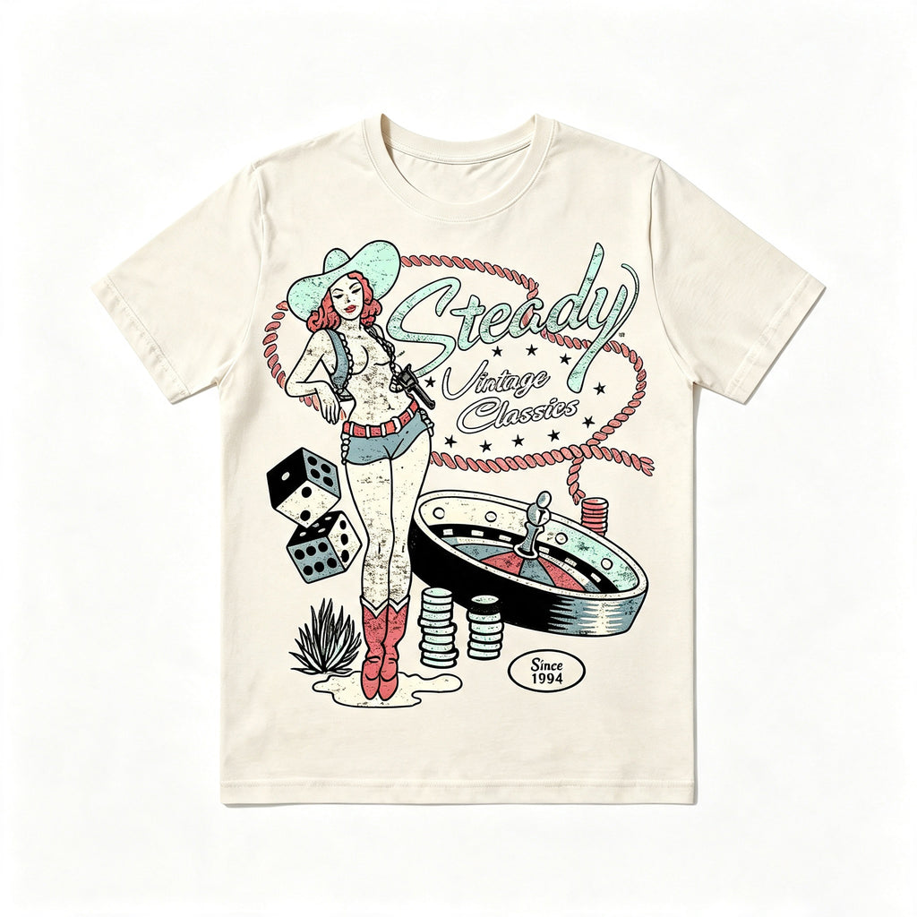 Retro Western Pin‑Up Cowgirl Gambling Dice Roulette Tee