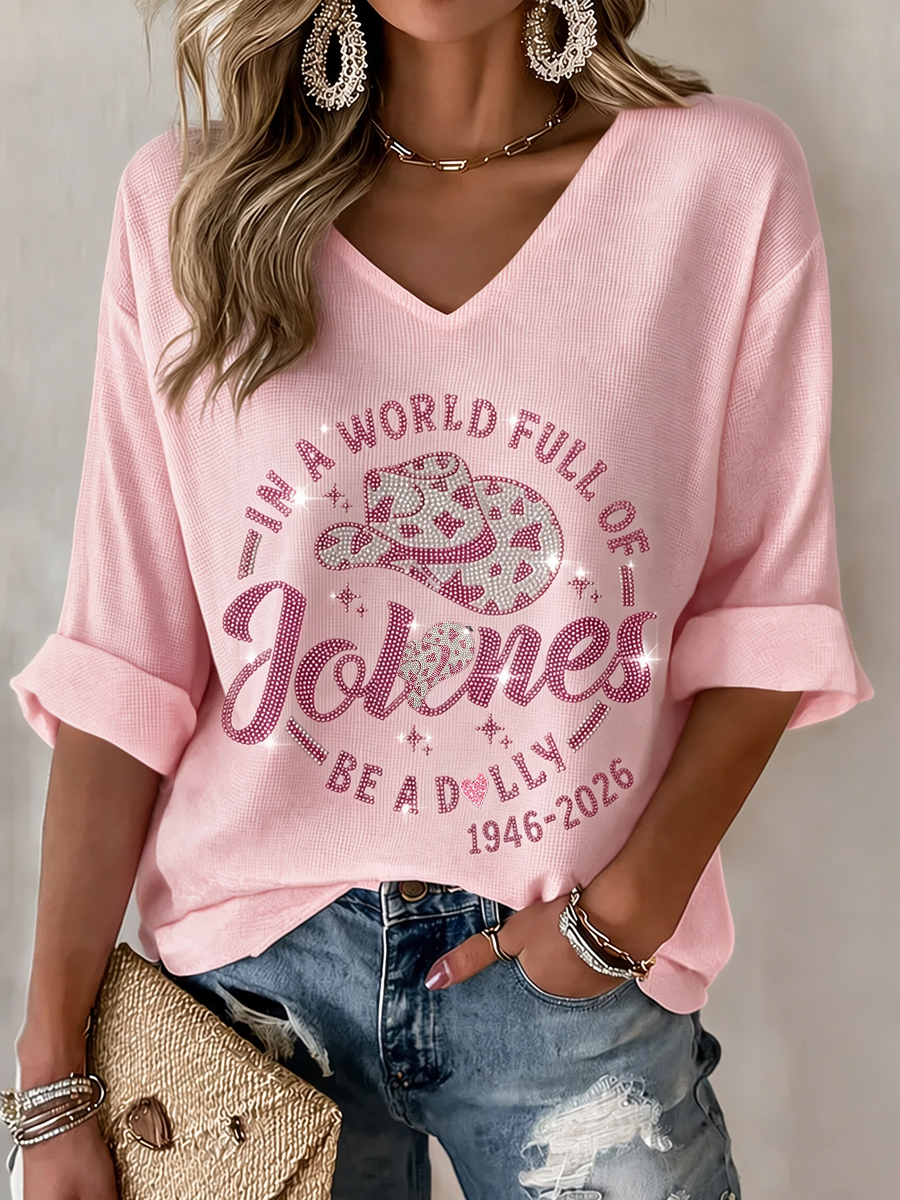 Women's commemorative pattern Waffle V-neck top