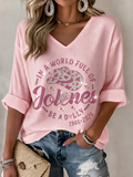 Women's commemorative pattern Waffle V-neck top
