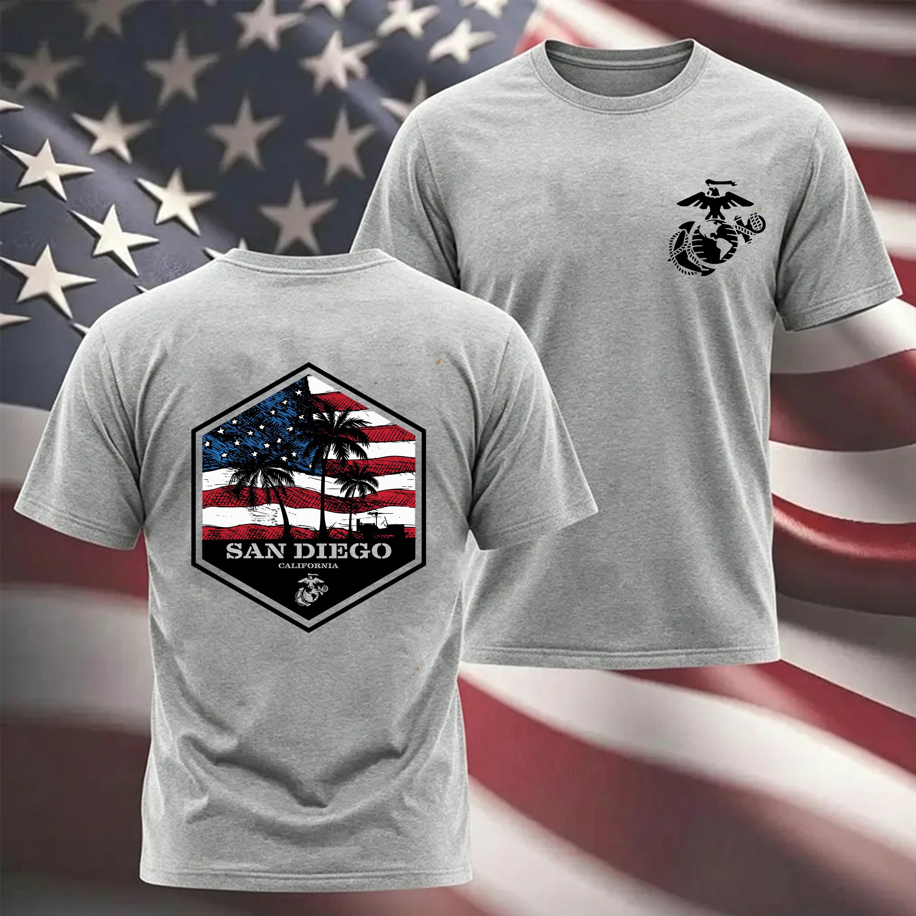 Grey USMC Bootcamp Hexagon Back Design T-Shirt