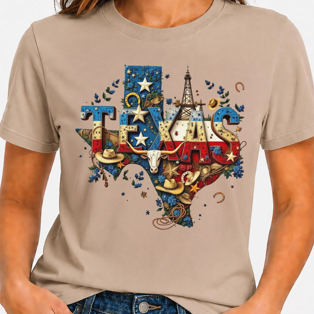 Texas Map State Wild West Cowboy, Star Flag T-shirt