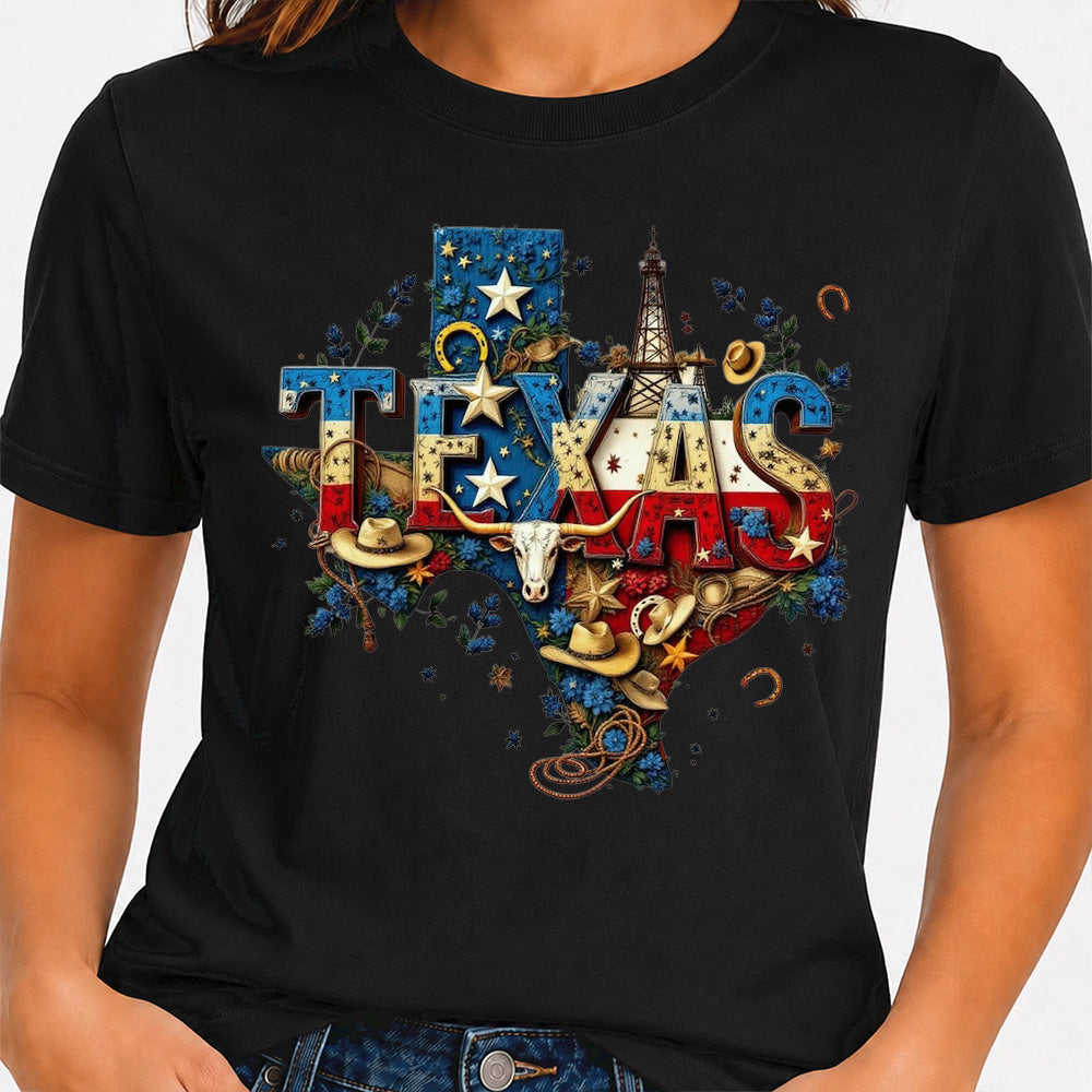 Texas Map State Wild West Cowboy, Star Flag T-shirt