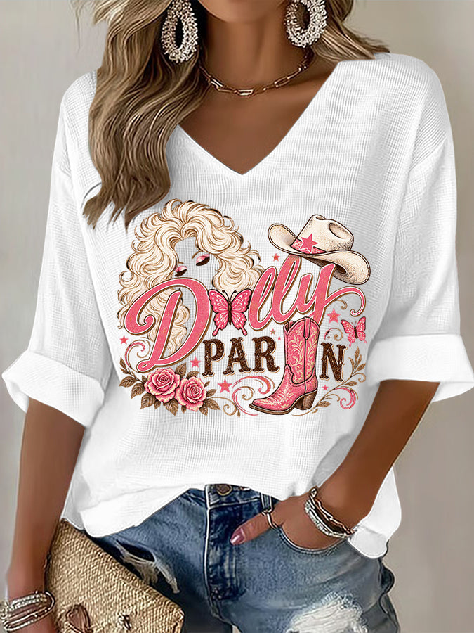 Women's commemorative pattern Waffle V-neck top