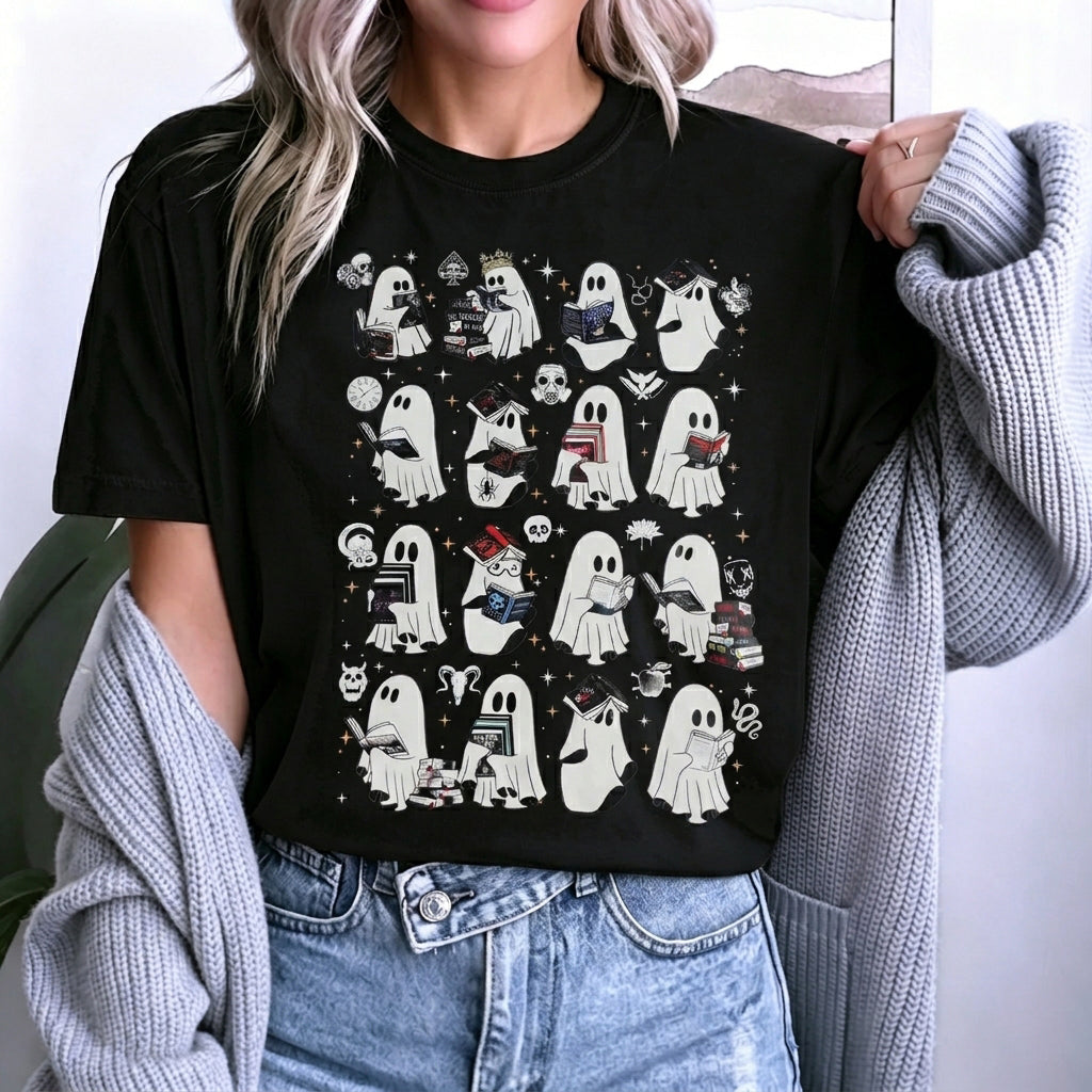 Cute Book‑Loving Ghosts Halloween Graphic T‑Shirt