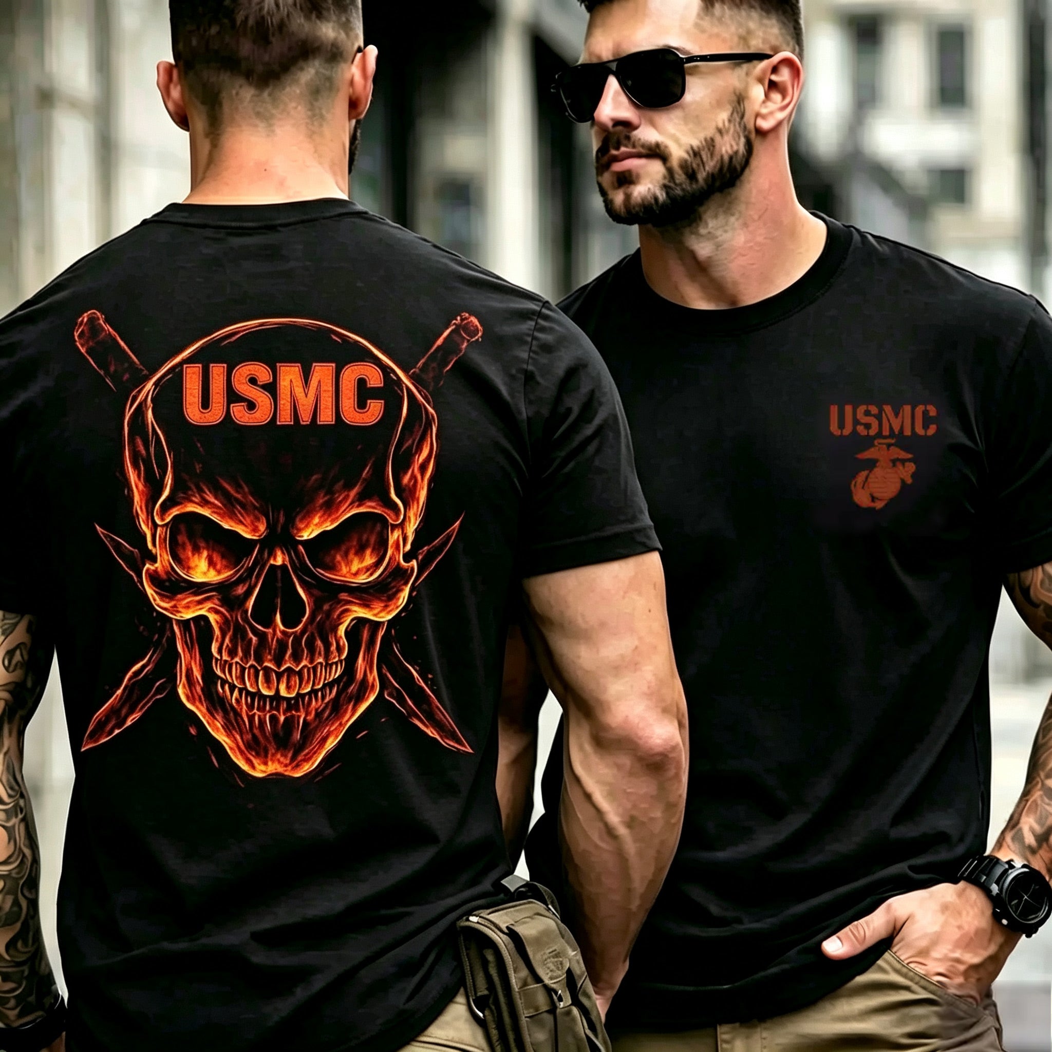 Flame Skull Cross Blade Men T‑Shirt