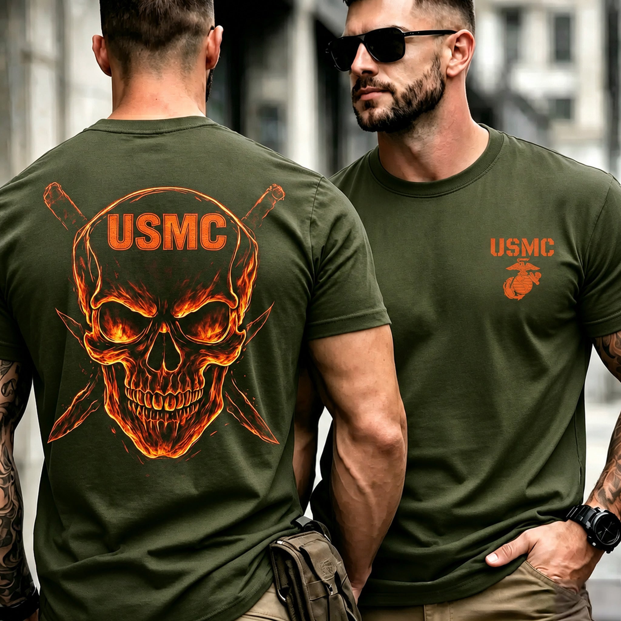 Flame Skull Cross Blade Men T‑Shirt