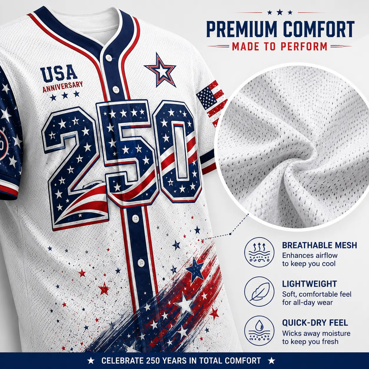 Men's USA 250th Anniversary Baseball Jersey - 1776-2026 Patriotic Button-Down Shirt
