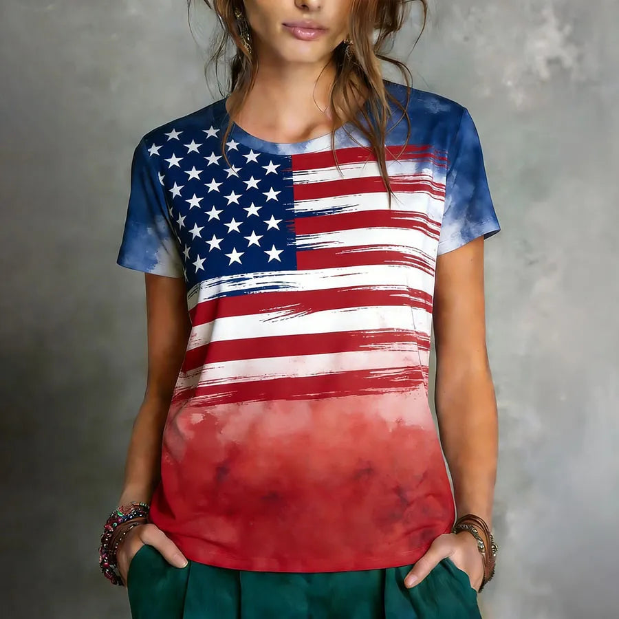 Women's Tie Dye American Flag Patriotic Gradient T-Shirt