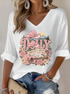 Women'S Commemorative Printed Waffle V-Neck Top