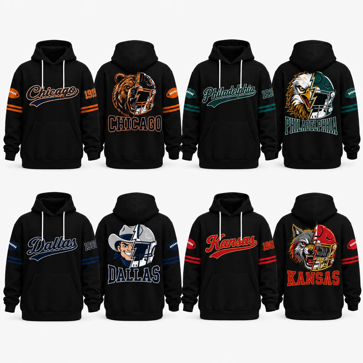 Retro City Football Mascot Graphic Hoodie With Front Pocket