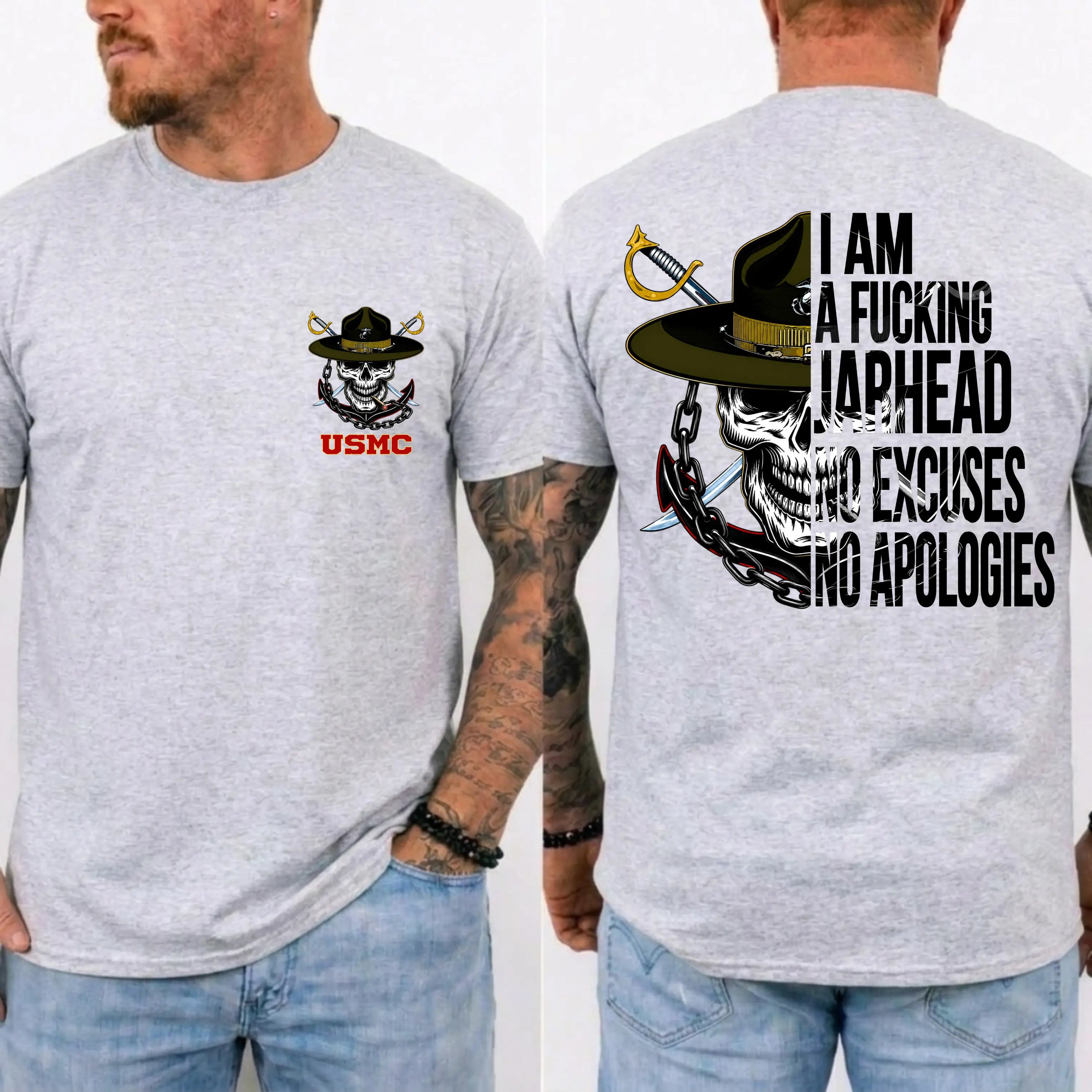American Guardian USMC Jarhead Skull T-Shirt – No Excuses No Apologies Vintage Marine Graphic Tee