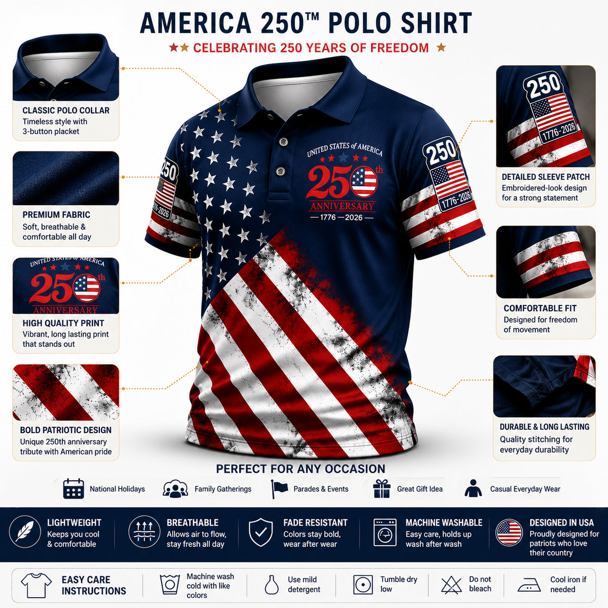 Unisex Casual 250Th Anniversary Celebration Short Sleeved Polo Shirt