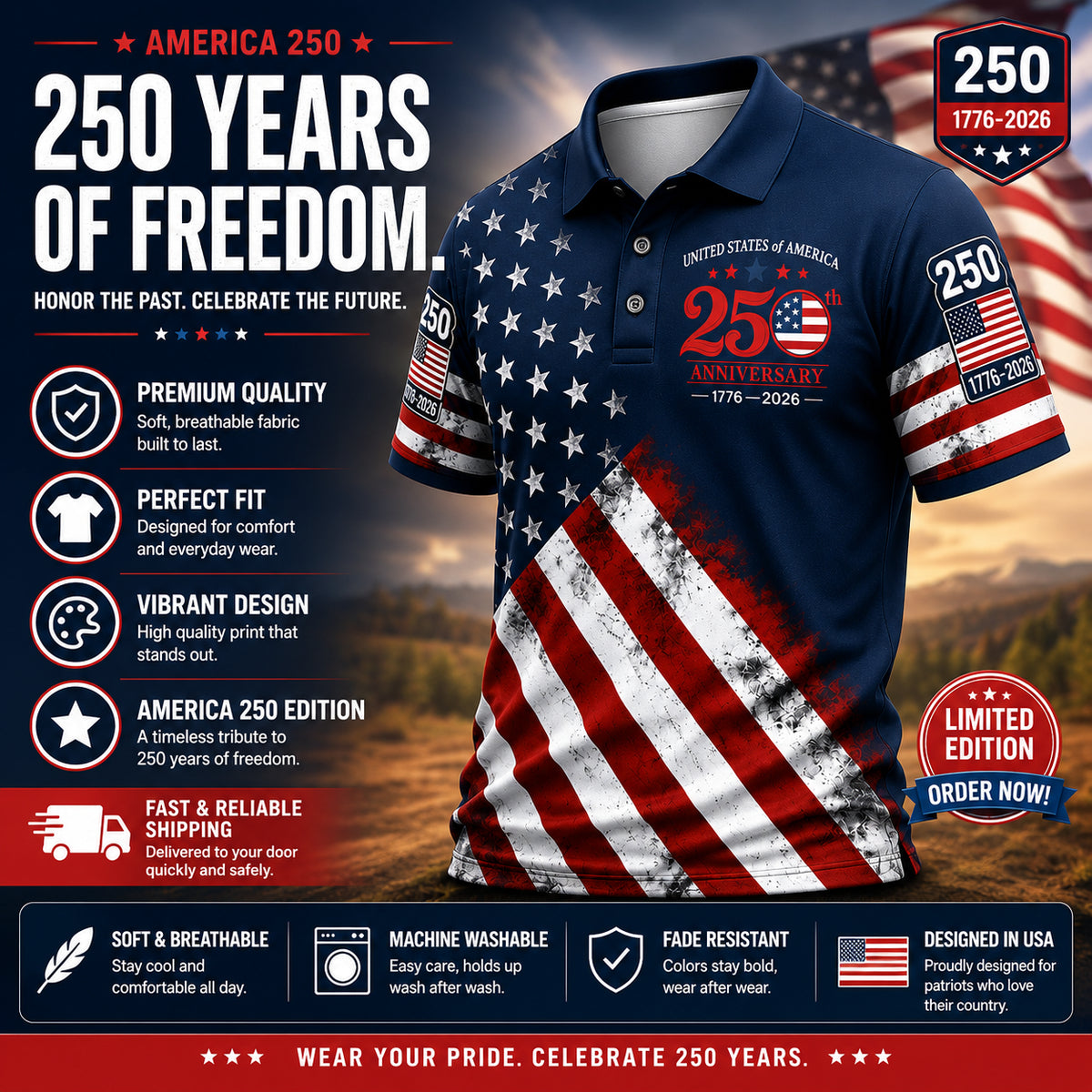 Unisex Casual 250Th Anniversary Celebration Short Sleeved Polo Shirt