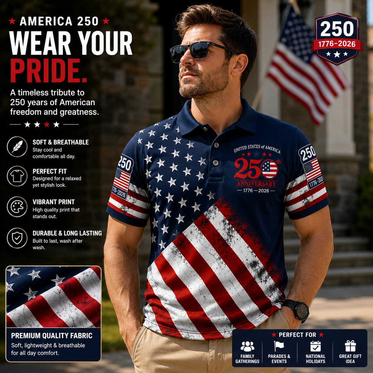 Unisex Casual 250Th Anniversary Celebration Short Sleeved Polo Shirt