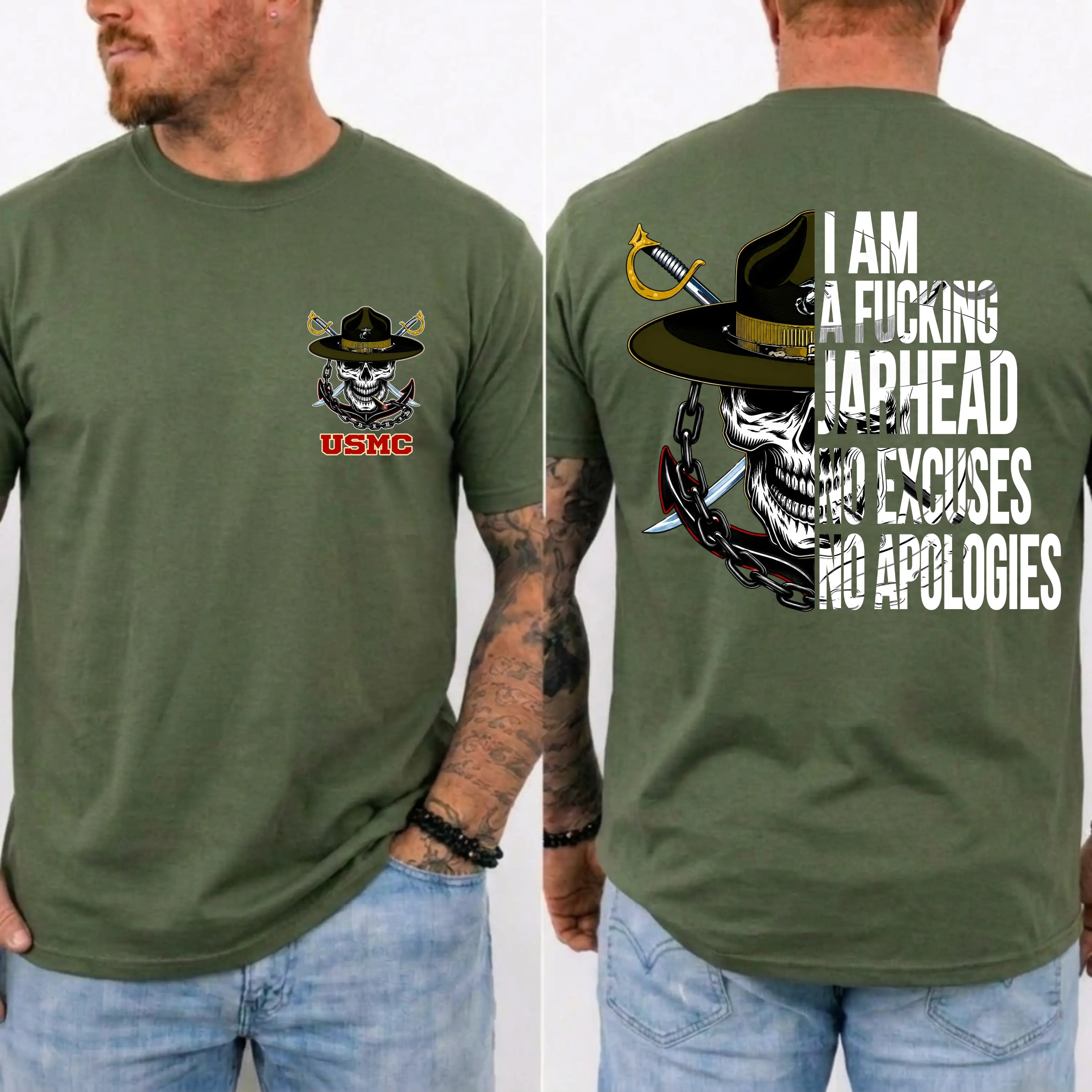 American Guardian USMC Jarhead Skull T-Shirt – No Excuses No Apologies Vintage Marine Graphic Tee