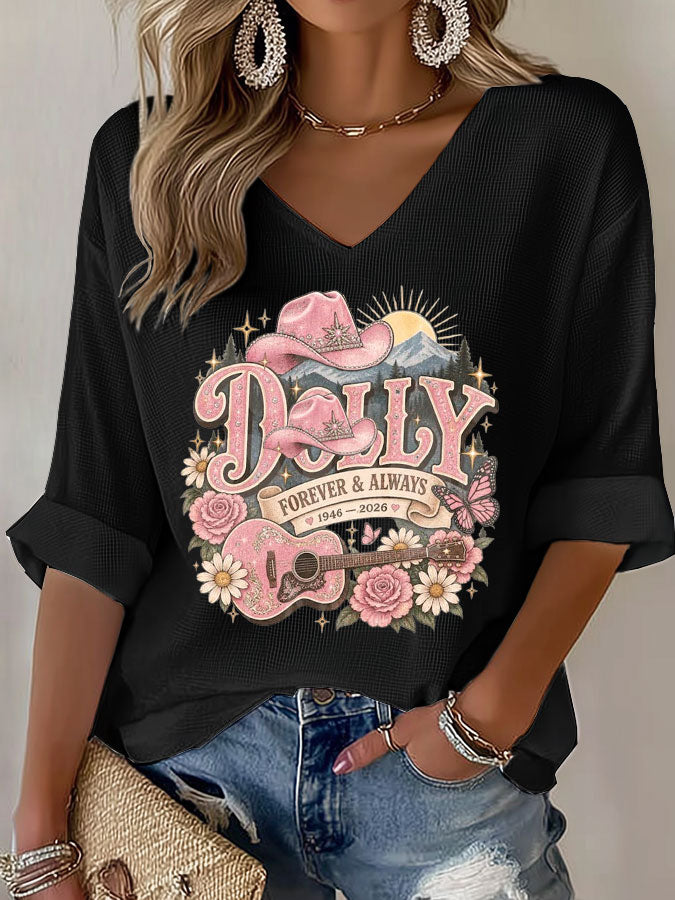 Women'S Commemorative Printed Waffle V-Neck Top