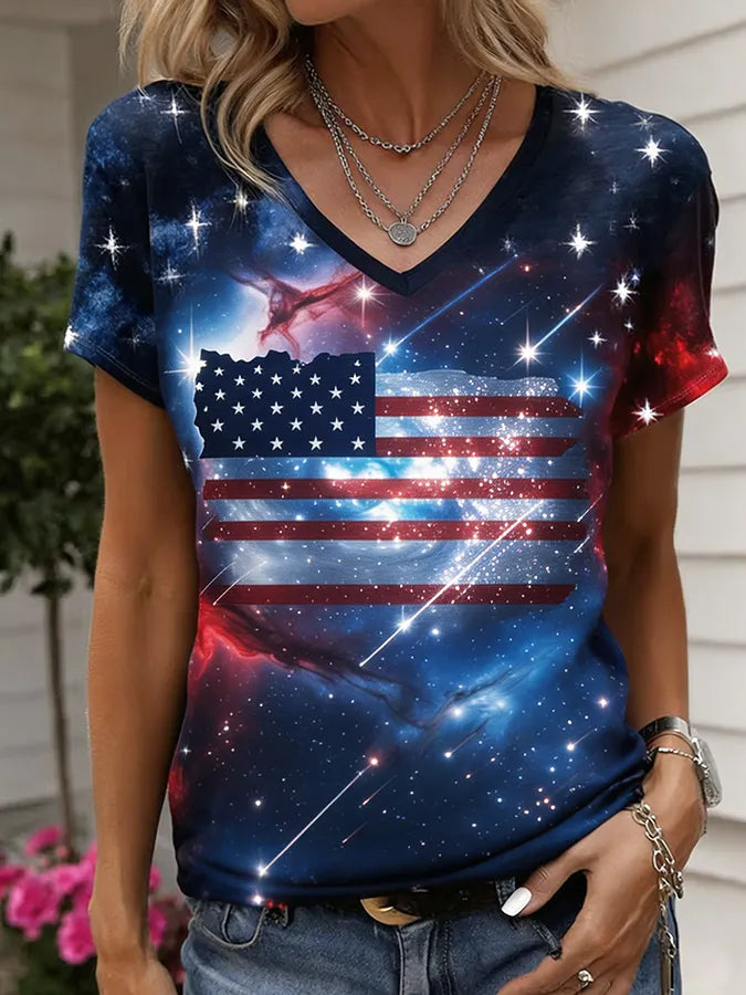 Women's Galaxy USA Flag Star Patriotic V-Neck T-Shirt