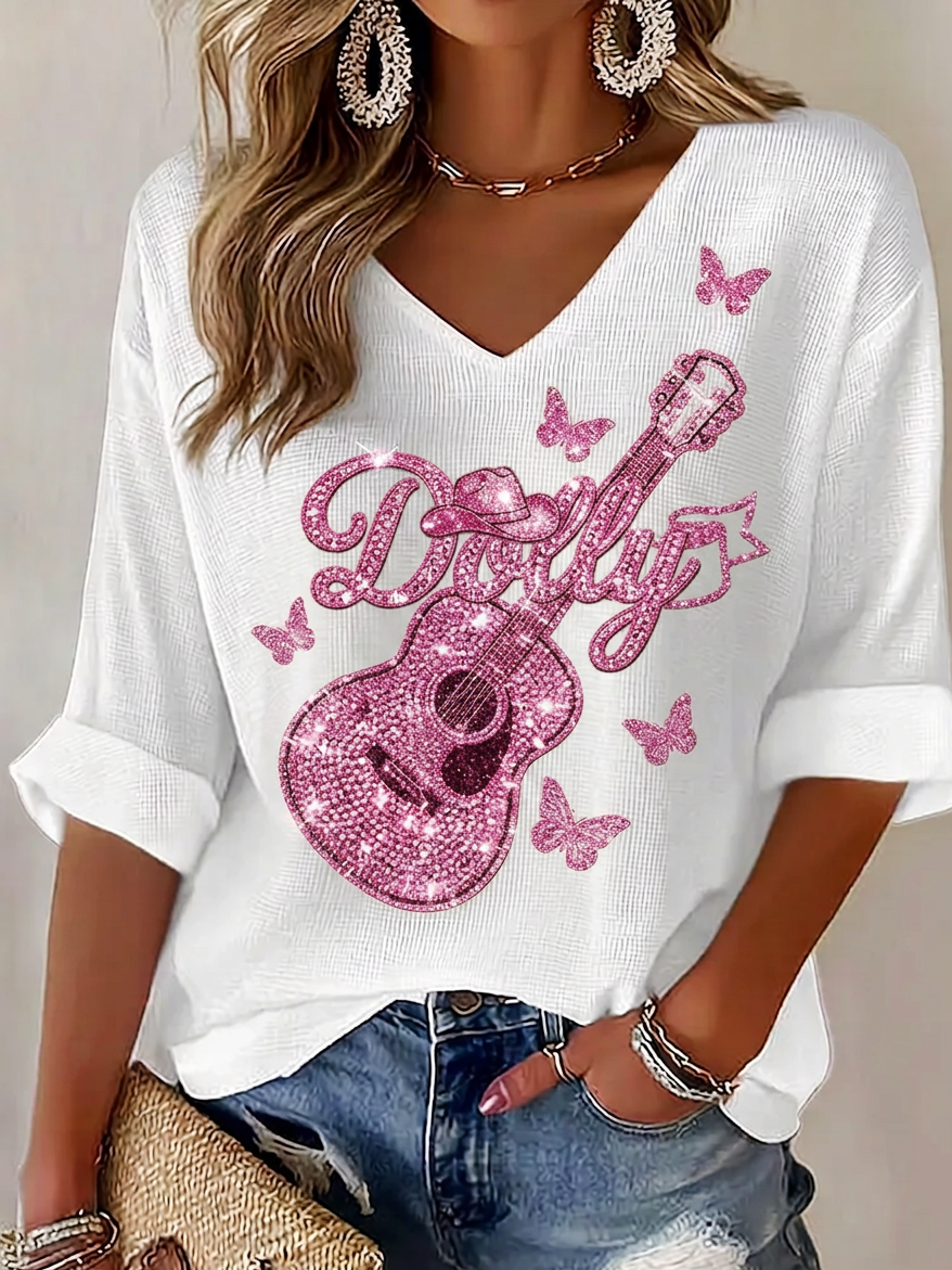 Women'S Commemorative Printed Waffle V-Neck Top