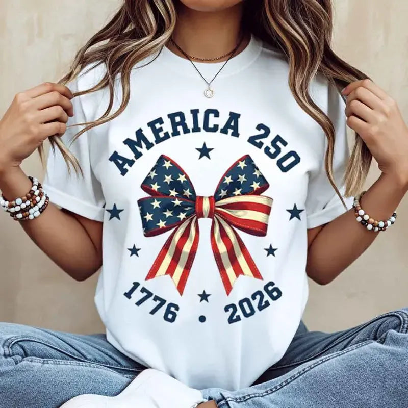 America 250 Stars And Stripes Bow Print T Shirt