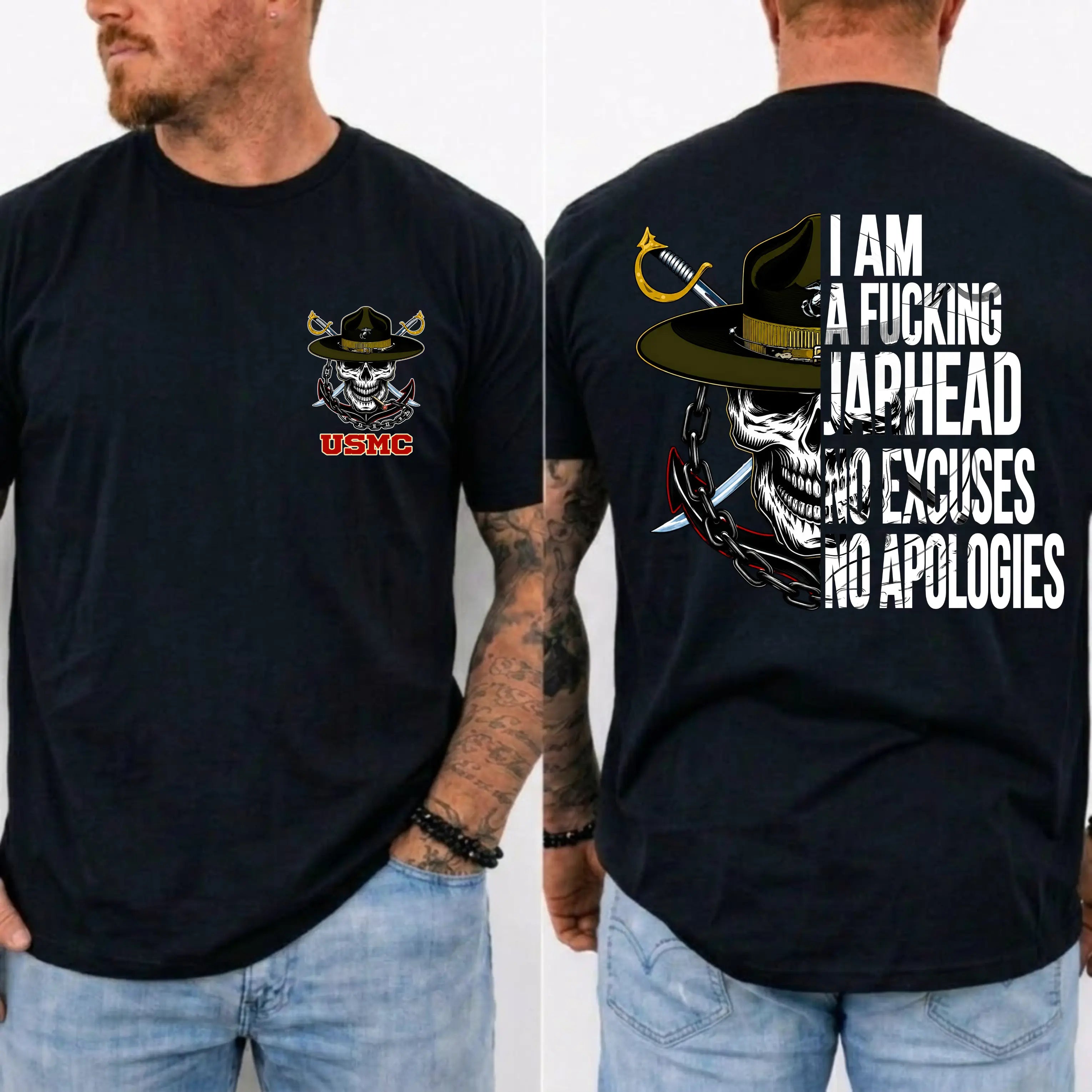 American Guardian USMC Jarhead Skull T-Shirt – No Excuses No Apologies Vintage Marine Graphic Tee
