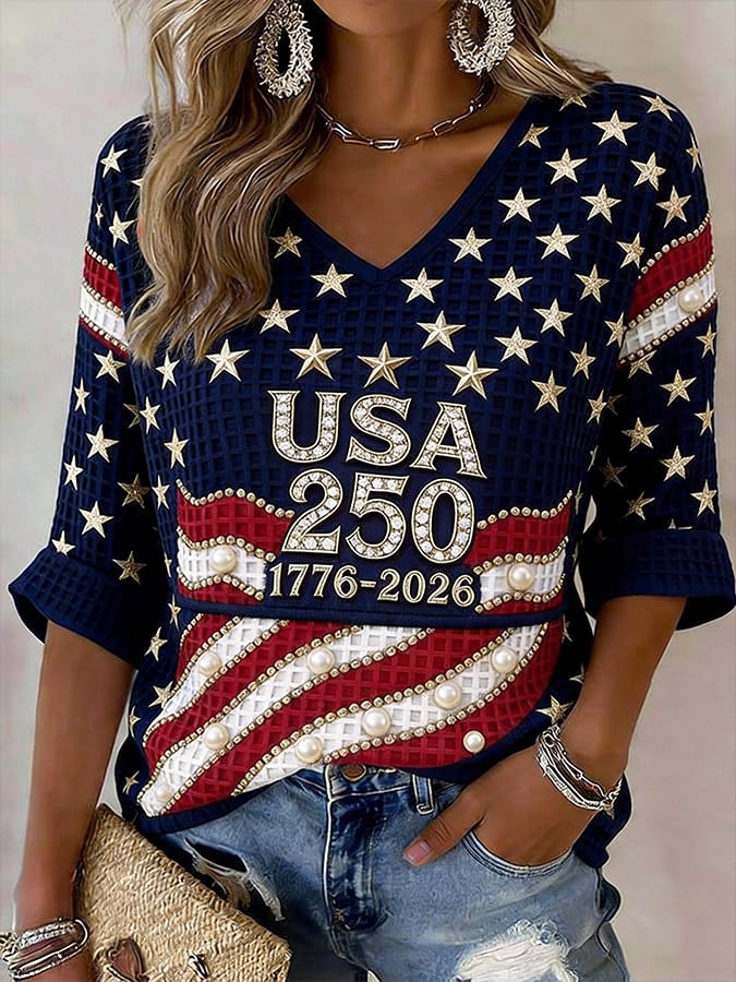 Women's American 250th Anniversary Three-Quarter Sleeve V-Neck Top